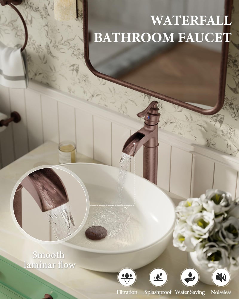 Homevacious Vessel Sink Faucet Copper Tall Bathroom Faucets Waterfall Single Handle 1 Hole Farmhouse Antique with Pop up Drain Assembly and Supply Lines Mixer Tap Without Overflow Counter Top - Image 2